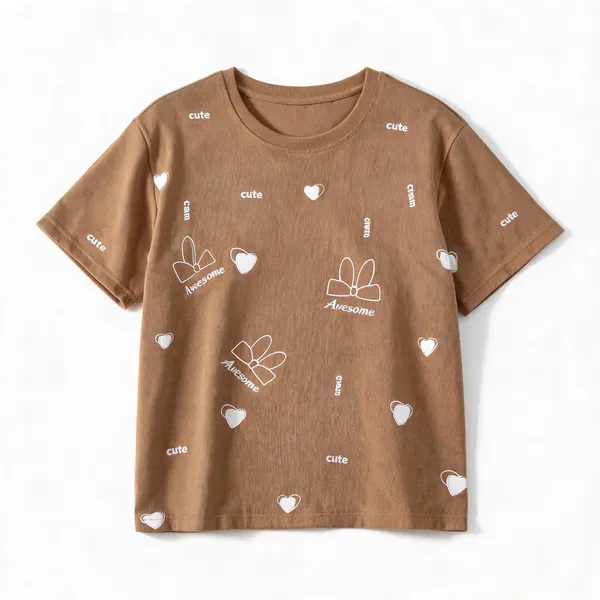 Brown_Jacquard_Puff_Print_Short_Sleeve_T-Shirt_For_Women