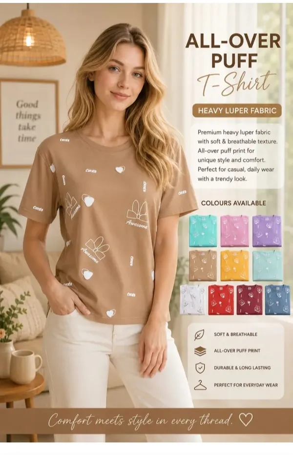 Brown_Jacquard_Puff_Print_Short_Sleeve_T-Shirt_For_Women
