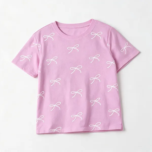Pink_Jacquard_Bow_Print_Round_Neck_T-Shirt_For_Women