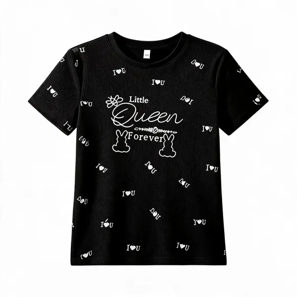 Black_Jacquard_Graphic_Print_Round_Neck_T-Shirt_For_Women