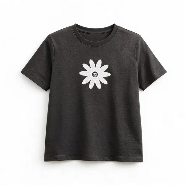 Grey_Jacquard_Floral_Patch_Round_Neck_T-Shirt_For_Women