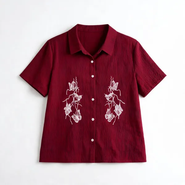 Maroon_Jacquard_Embroidered_Short_Sleeve_Shirt_For_Women