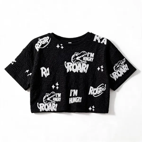 Black_Jacquard_Bubble_Texture_Graphic_Crop_Top_For_Women