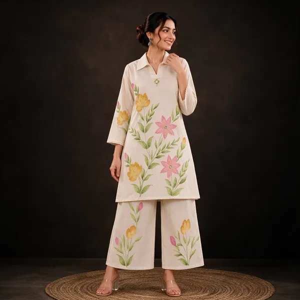 Cream_Cotton_Straight_Floral_Kurta_Palazzo_Co-ord_Set_For_Women