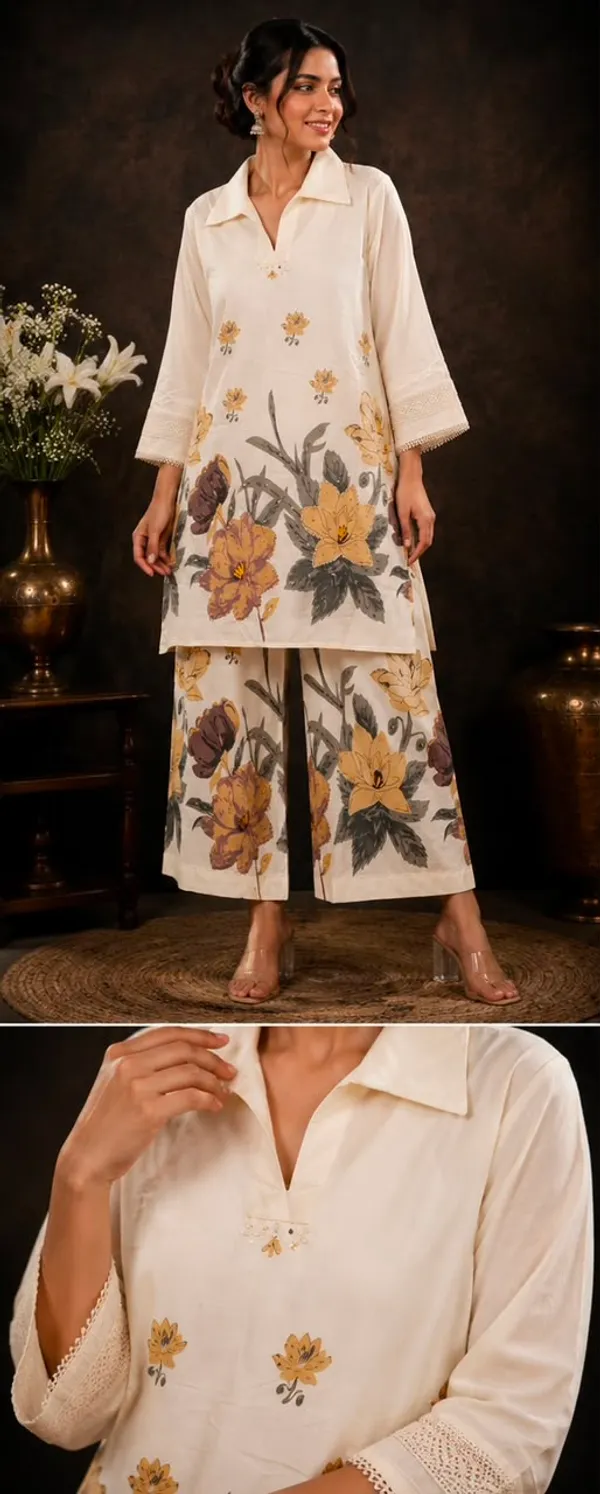 Cream_Cotton_Floral_Print_Straight_Kurta_Palazzo_Co-ord_Set_For_Women