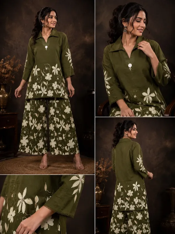Olive_Green_Cotton_Straight_Floral_Kurta_Palazzo_Co-ord_Set_For_Women