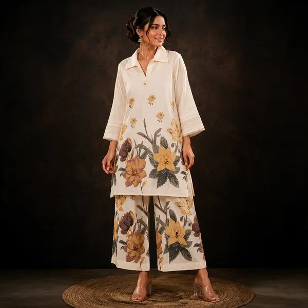 Cream_Cotton_Floral_Print_Straight_Kurta_Palazzo_Co-ord_Set_For_Women