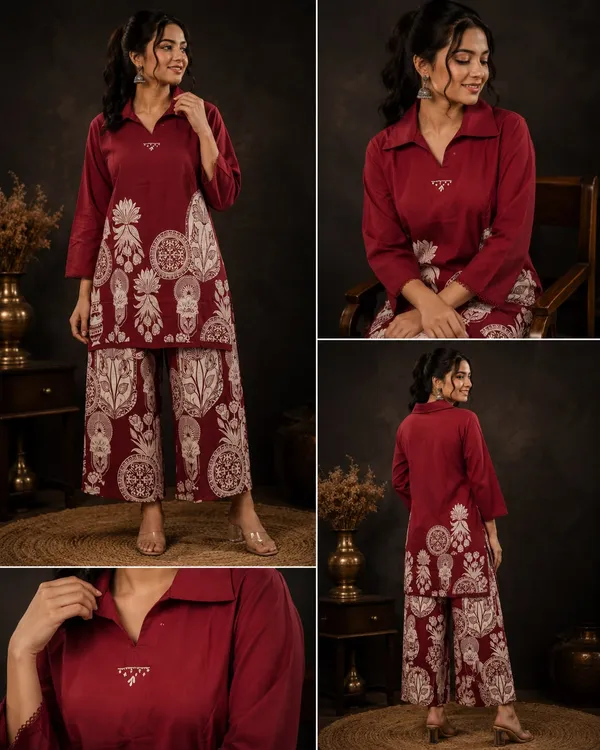 Maroon_Cotton_Printed_Straight_Kurta_Palazzo_Co-ord_Set_For_Women