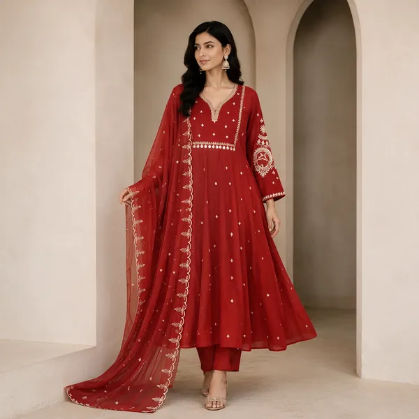 Rust_Mal_Chanderi_Flared_Anarkali_3_Piece_Suit_For_Women