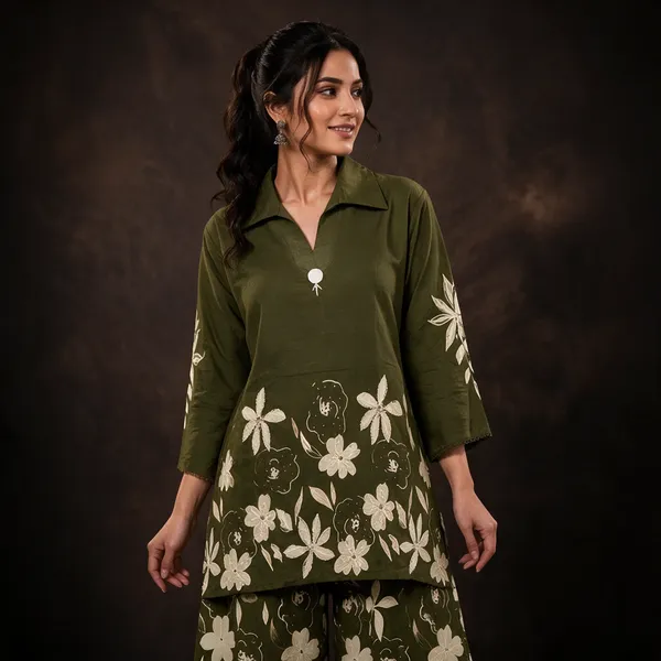 Olive_Green_Cotton_Straight_Floral_Kurta_Palazzo_Co-ord_Set_For_Women