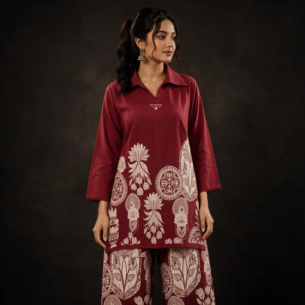 Maroon_Cotton_Printed_Straight_Kurta_Palazzo_Co-ord_Set_For_Women