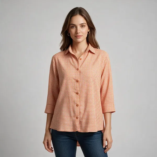 Tangerine_Cotton_High-Low_Gingham_Shirt_For_Women