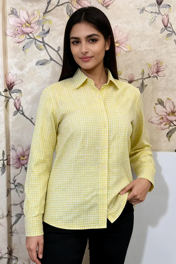 Yellow_Cotton_Placket_Gingham_Shirt_For_Women
