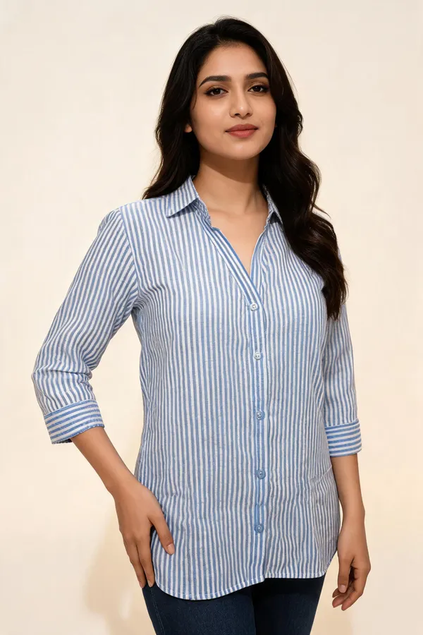 Blue_Cotton_Relaxed_Fit_Pinstripe_3/4_Sleeve_Shirt_For_Women