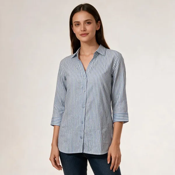 Blue_Cotton_Relaxed_Fit_Pinstripe_3/4_Sleeve_Shirt_For_Women