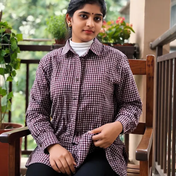Brown_And_White_Cotton_Relaxed_Fit_Gingham_Little_Long_Shirt_For_Women