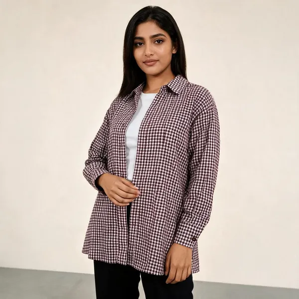 Brown_And_White_Cotton_Relaxed_Fit_Gingham_Little_Long_Shirt_For_Women