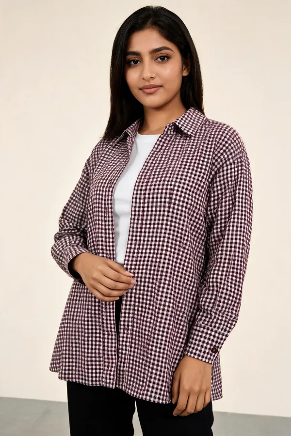 Brown_And_White_Cotton_Relaxed_Fit_Gingham_Little_Long_Shirt_For_Women
