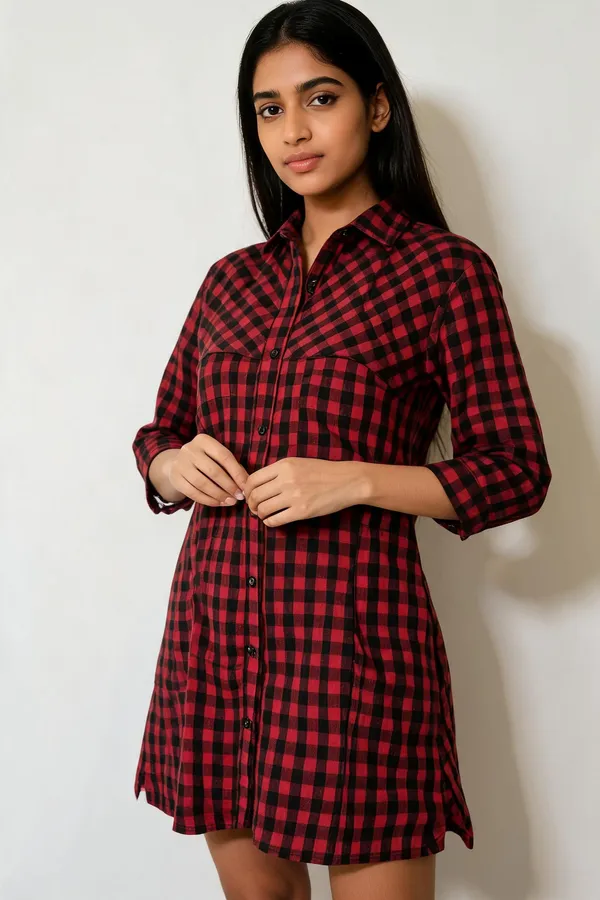 Red_Black_Cotton_Relaxed_Fit_Buffalo_Check_Shirt_Dress_For_Women