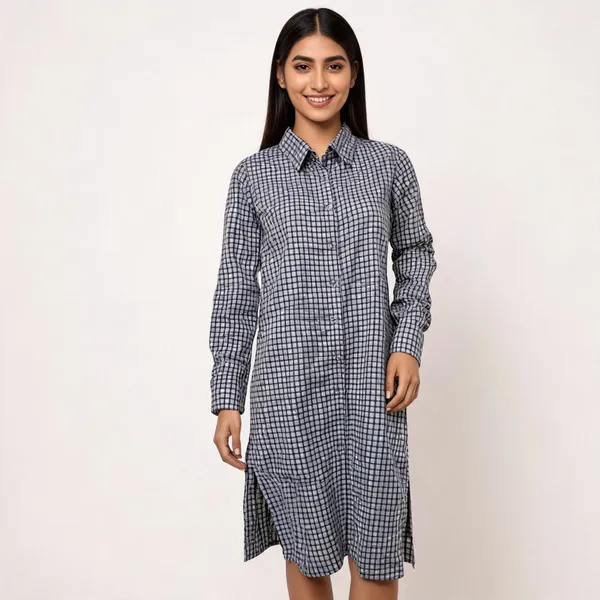 Black_White_Cotton_Relaxed_Fit_Micro_Check_Shirt_Dress_For_Women
