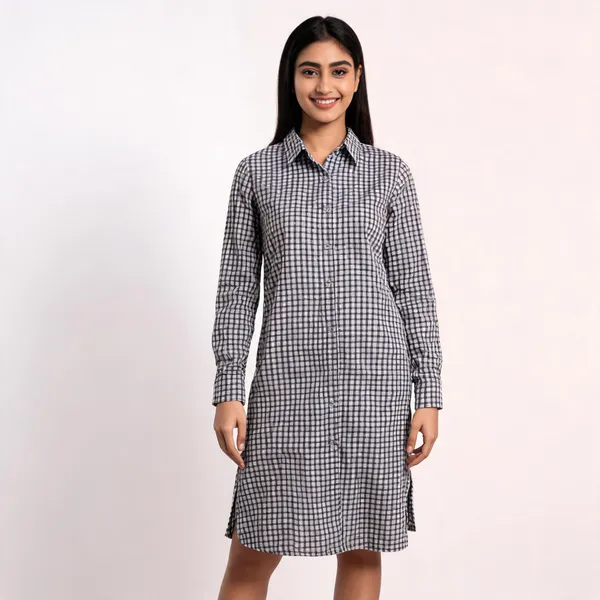 Black_White_Cotton_Relaxed_Fit_Micro_Check_Shirt_Dress_For_Women