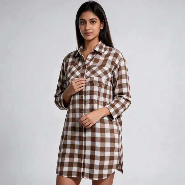 Brown_White_Cotton_Relaxed_Fit_Buffalo_Check_Shirt_Dress_For_Women