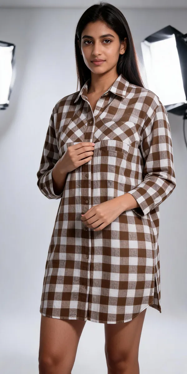 Brown_White_Cotton_Relaxed_Fit_Buffalo_Check_Shirt_Dress_For_Women