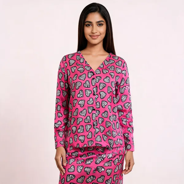 Pink_Satin_Relaxed_Fit_Zebra_Heart_Print_Shirt_Co-Ord_Set_For_Women