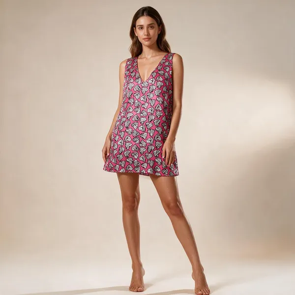 Pink_Satin_Sleeveless_Zebra_Heart_Print_Short_Dress_For_Women