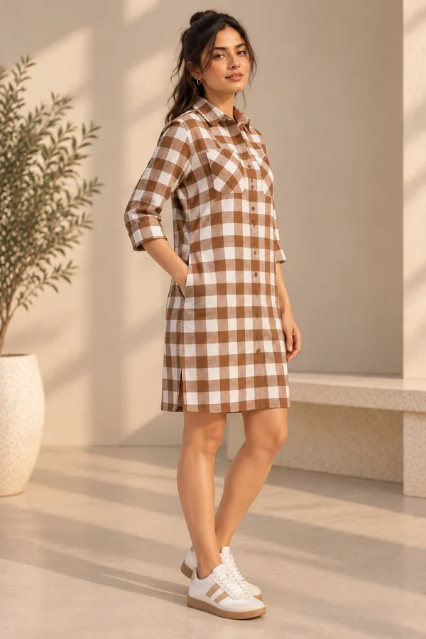 MOCHA_CHECKERED_SHIRT_DRESS