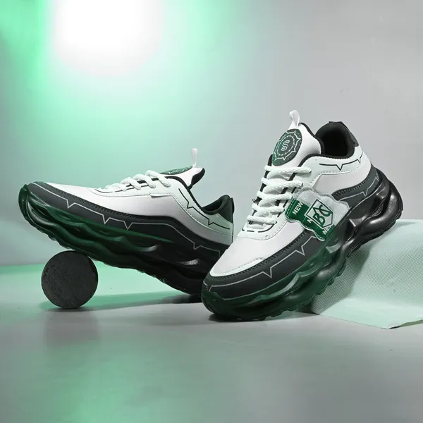 White_And_Green_Mesh_Lace-Ups_Casual_Sneakers_For_Men