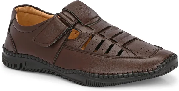 Brown_Faux_Leather_Velcro_Sandals_For_Men