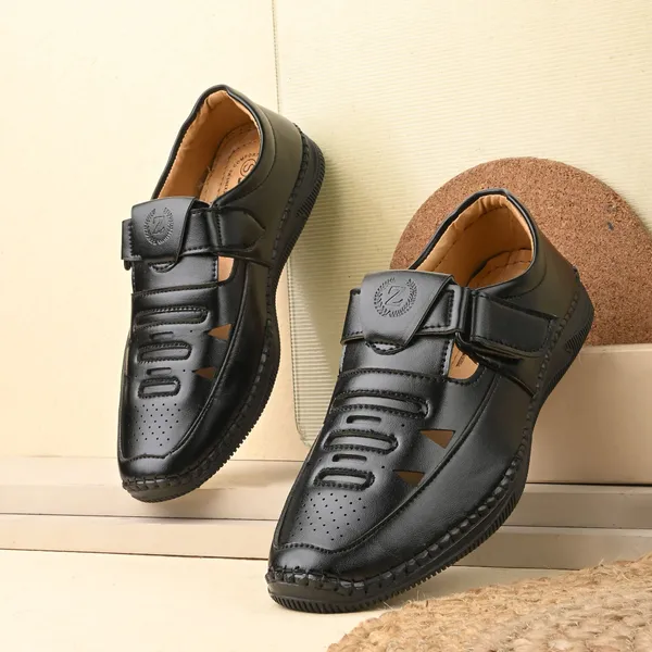 Black_Faux_Leather_Velcro_Sandals_For_Men