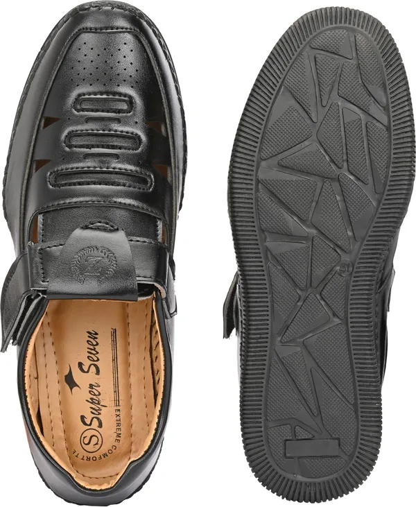 Black_Faux_Leather_Velcro_Sandals_For_Men