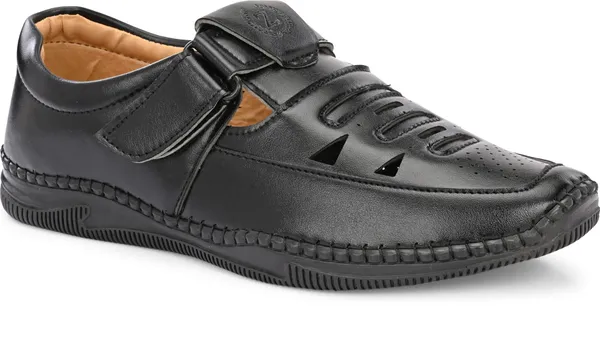 Black_Faux_Leather_Velcro_Sandals_For_Men