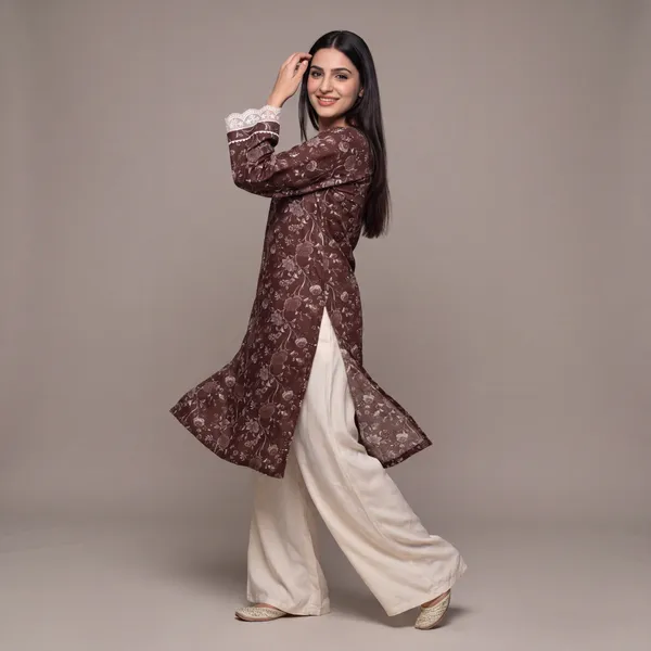 Brown_Floral_Print_Straight_Kurta_Set_for_Women
