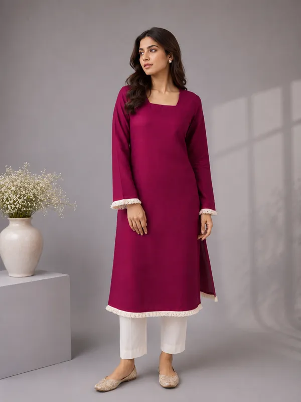 Women_S_Wine_Straight_Kurti_With_Square_Neck_Fringe_Trim_Bell_Sleeves