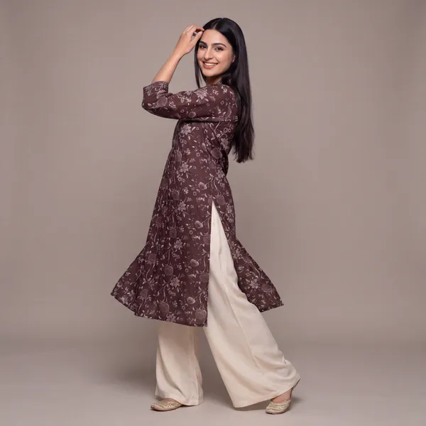 Brown_Floral_Print_Kurta_Set_for_Women