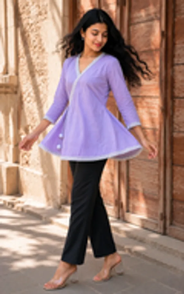 Lavender_Cotton_Angrakha_Kurti_With_White_Lace_Trim_Pom_Pom_Tie_Up_For_Women