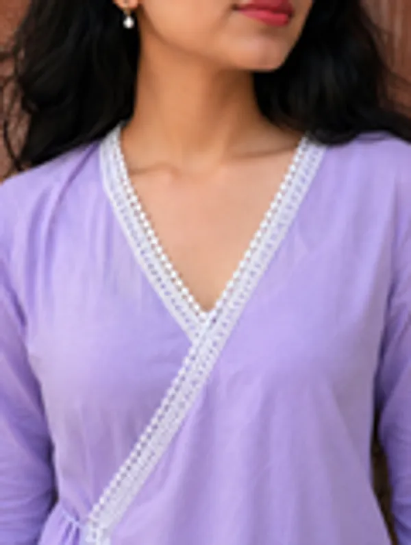 Lavender_Cotton_Angrakha_Kurti_With_White_Lace_Trim_Pom_Pom_Tie_Up_For_Women