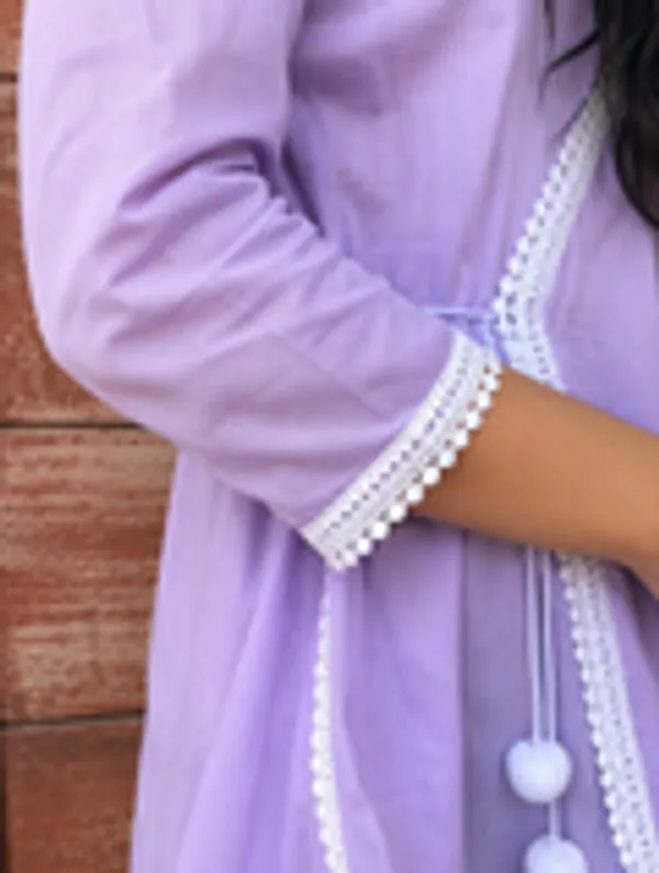 Lavender_Cotton_Angrakha_Kurti_With_White_Lace_Trim_Pom_Pom_Tie_Up_For_Women