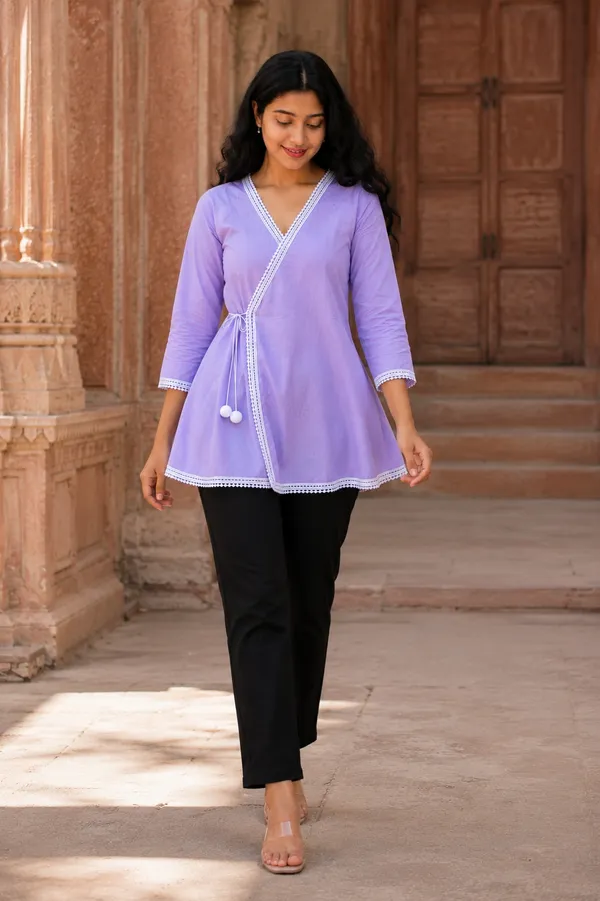 Lavender_Cotton_Angrakha_Kurti_With_White_Lace_Trim_Pom_Pom_Tie_Up_For_Women