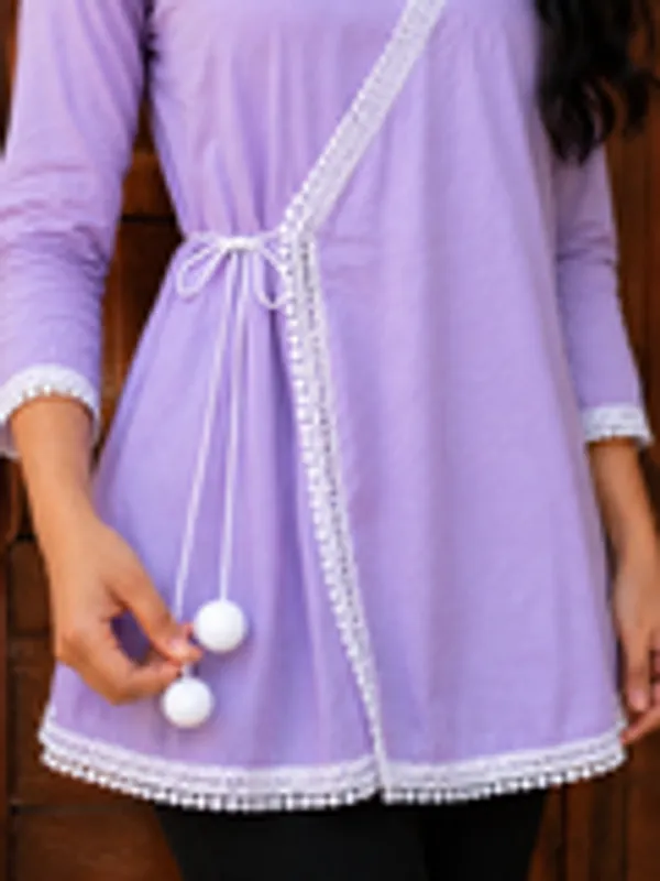 Lavender_Cotton_Angrakha_Kurti_With_White_Lace_Trim_Pom_Pom_Tie_Up_For_Women