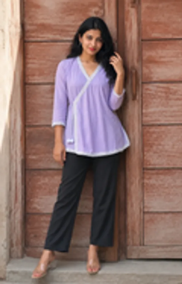 Lavender_Cotton_Angrakha_Kurti_With_White_Lace_Trim_Pom_Pom_Tie_Up_For_Women