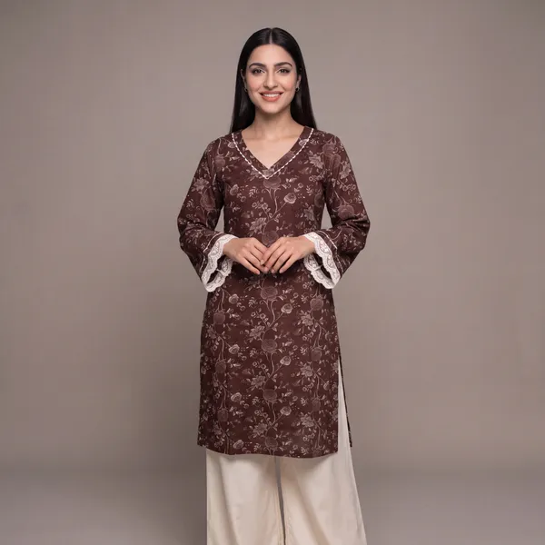 Brown_Floral_Print_Straight_Kurta_Set_for_Women
