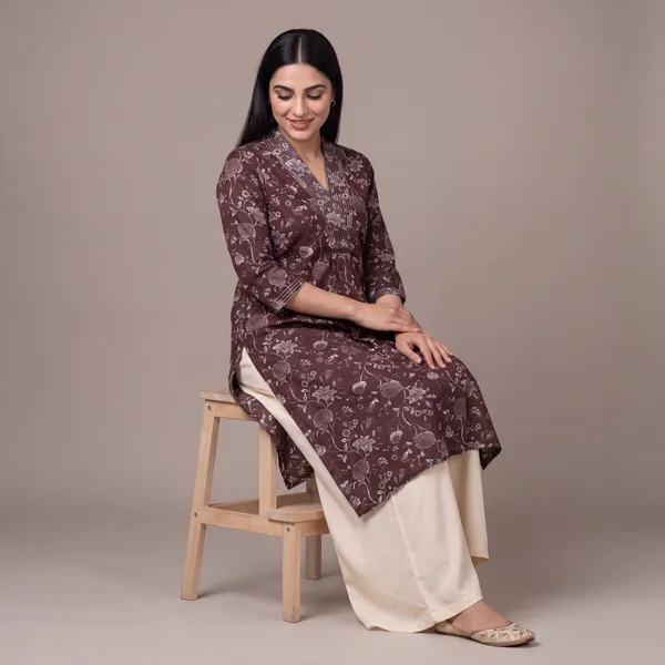 Brown_Floral_Print_Kurta_Set_for_Women