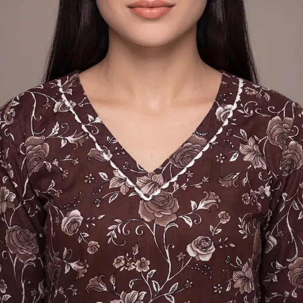 Brown_Floral_Print_Straight_Kurta_Set_for_Women