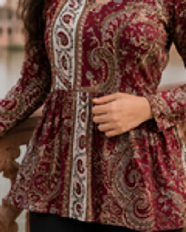 Maroon_Paisley_Print_Pure_Cotton_Peplum_Kurti_With_Full_Sleeves_For_Women