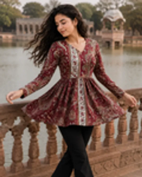 Maroon_Paisley_Print_Pure_Cotton_Peplum_Kurti_With_Full_Sleeves_For_Women