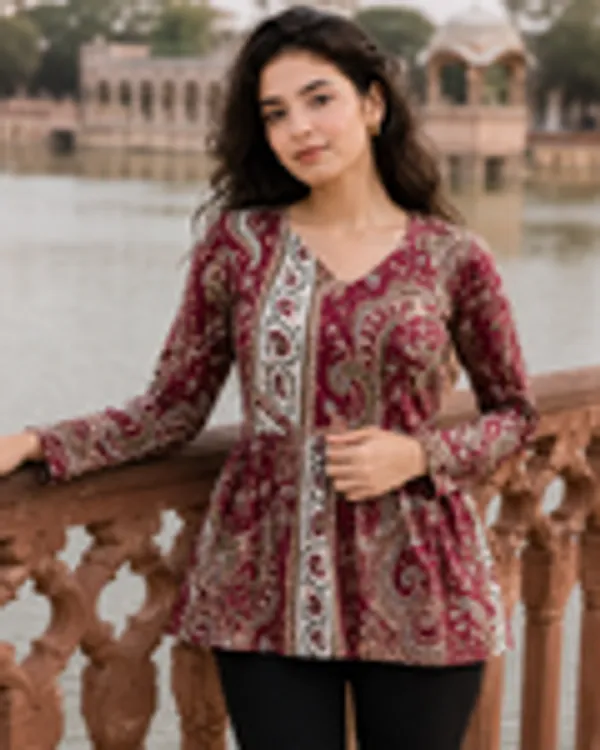 Maroon_Paisley_Print_Pure_Cotton_Peplum_Kurti_With_Full_Sleeves_For_Women